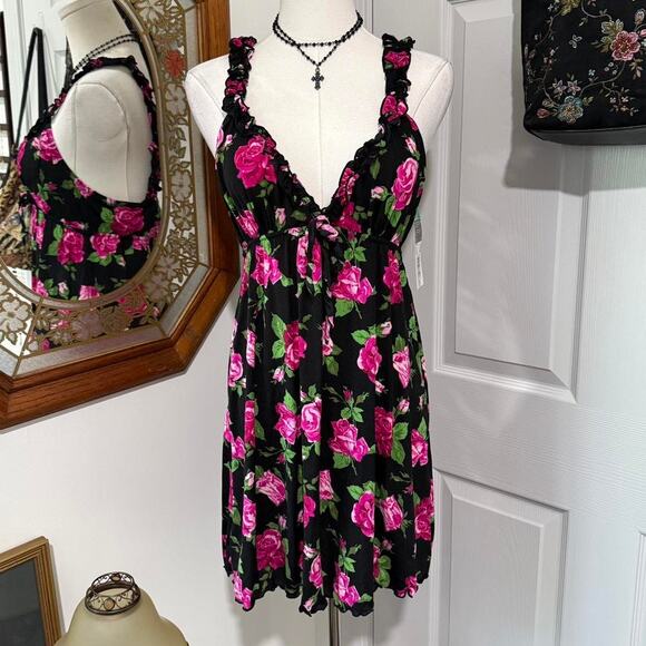 NWT Smart & Sexy Black & Pink Floral Pattern Ruffle Strap Lingerie Chemise Slip - Picture 1 of 7